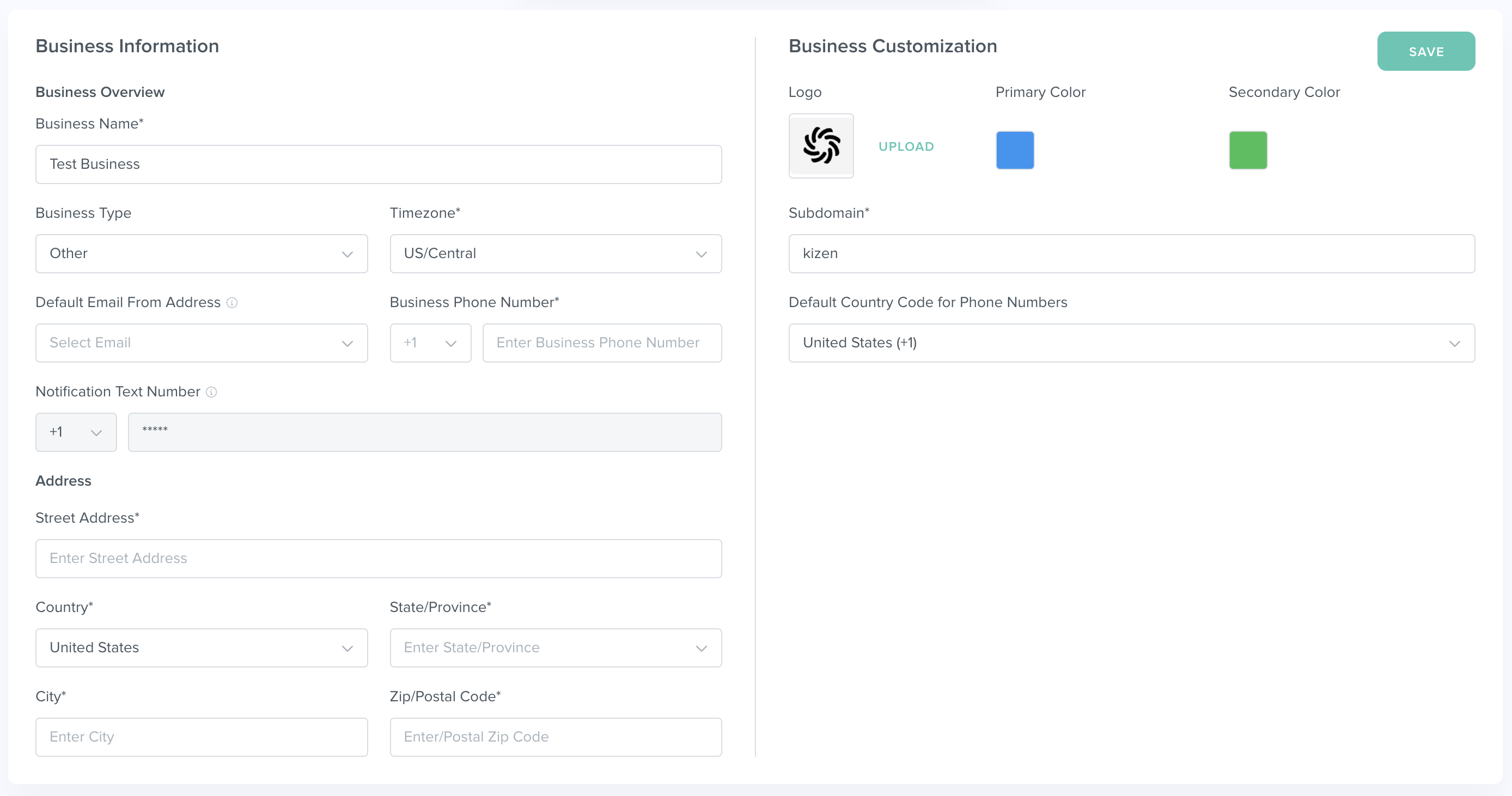 The business information settings pane in Kizen